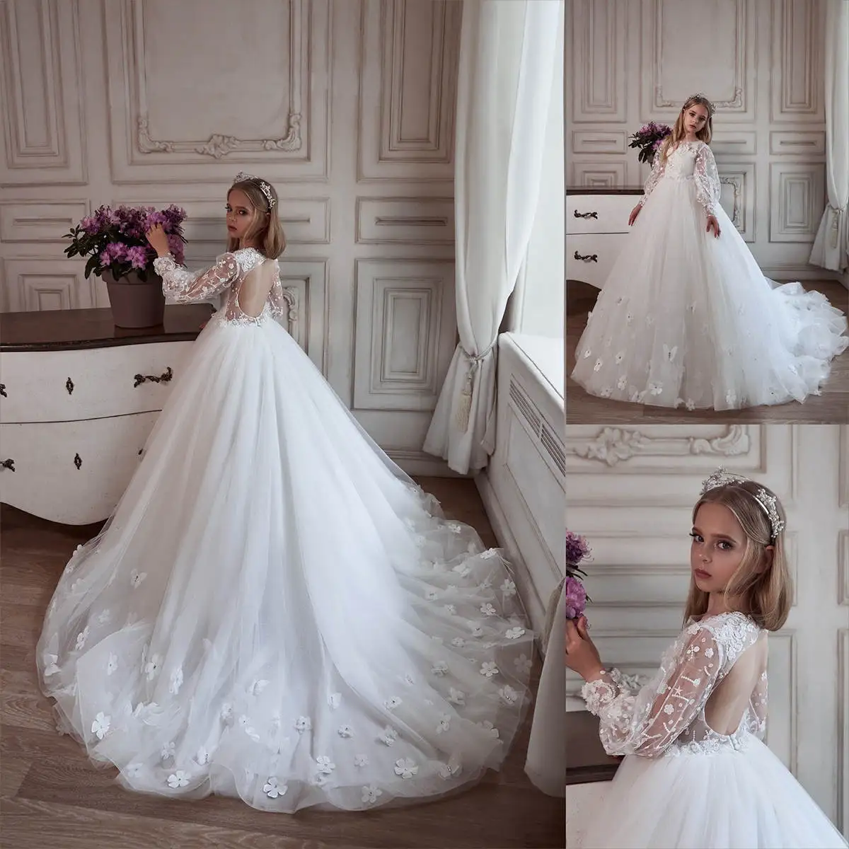 Elegant Flower Girl Dresses Lace Appliques Sequins Pageant Gowns with 3D Flower Backless Girls Sweep Train Party Dress
Elegant Flower Girl Dresses Lace Appliques Sequins Pageant Gowns with 3D Flower Backless Girls Sweep Train Party Dress