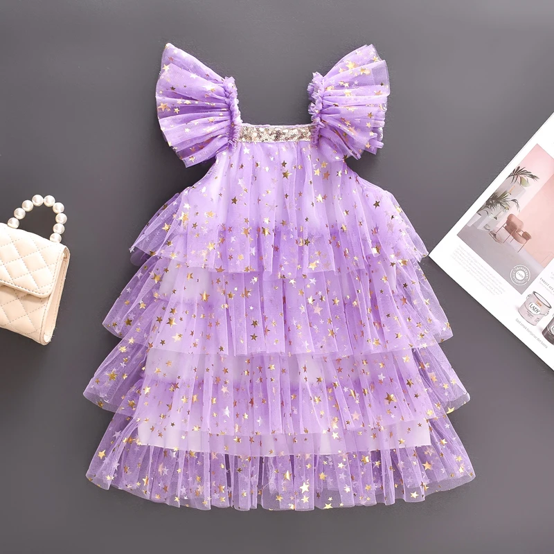 

Kids Girls Princess Dress Stars Sequins Fly Sleeve Tiered Ruffles Mesh Tulle Dress Summer Birthday Pageant Party Ball Gown Dress