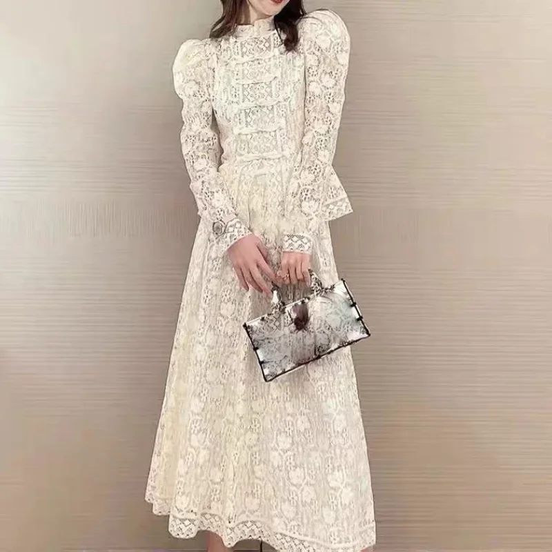 

Apricot Lace Tops + High Waisted Skirts Women Vintage Elegant Two Piece Sets Lady Hook Flower Hollow Party Skirts Sets Summer