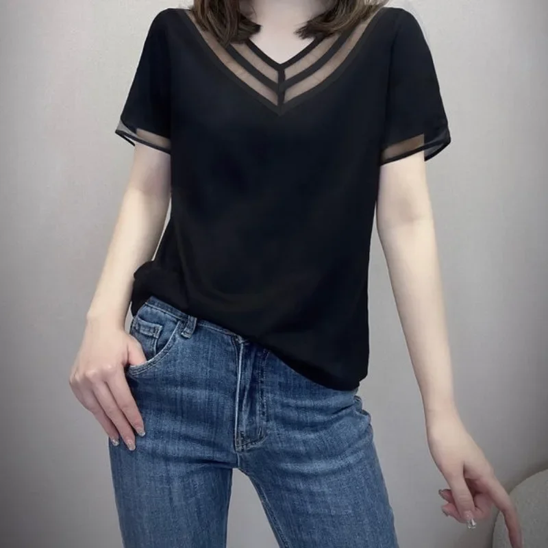 

Женские топы с коротким рукавом, черная кокетка, одежда, сексуальная сетчатая мешковатая футболка для женщин Yk2, корейский элегантный стиль Harajuku, мода Y2k Kpop