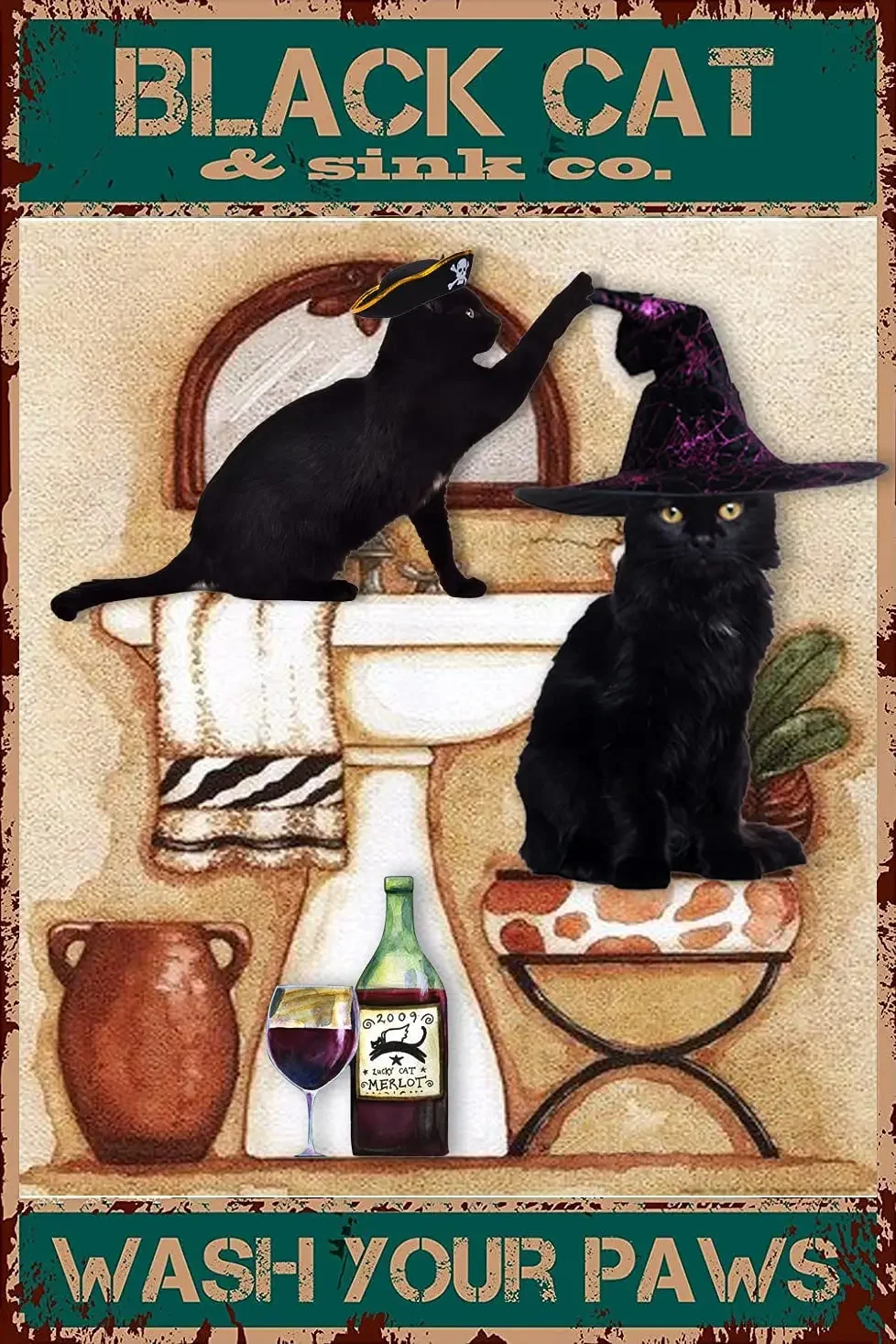 

vintage Bathroom Decor Tin Sign Black Cat Wearing Witch Halloween Hat Home Wall Decoration Metal Plaques poster