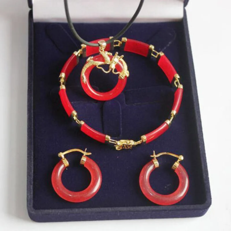 

Women Jade 18K Gold Plated Necklace Earrings Bracelet Statement Jewelry Set