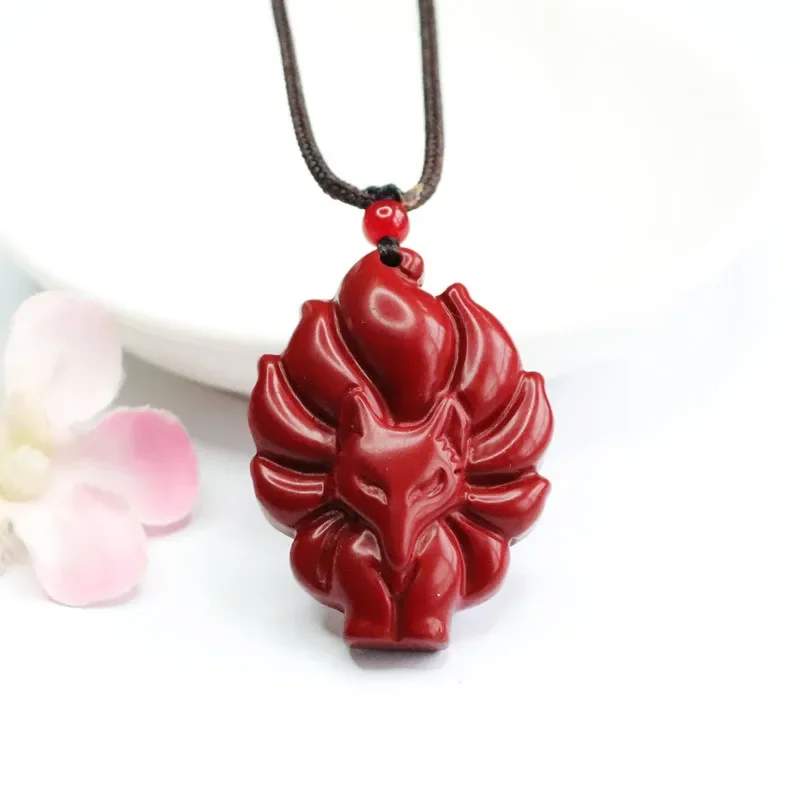 

Fashion Cinnabar Jade Nine Tailed Fox Pendant Necklace Jewellery Chinese Hand-Carved Healing Women Man Luck Gift Sweater Chain