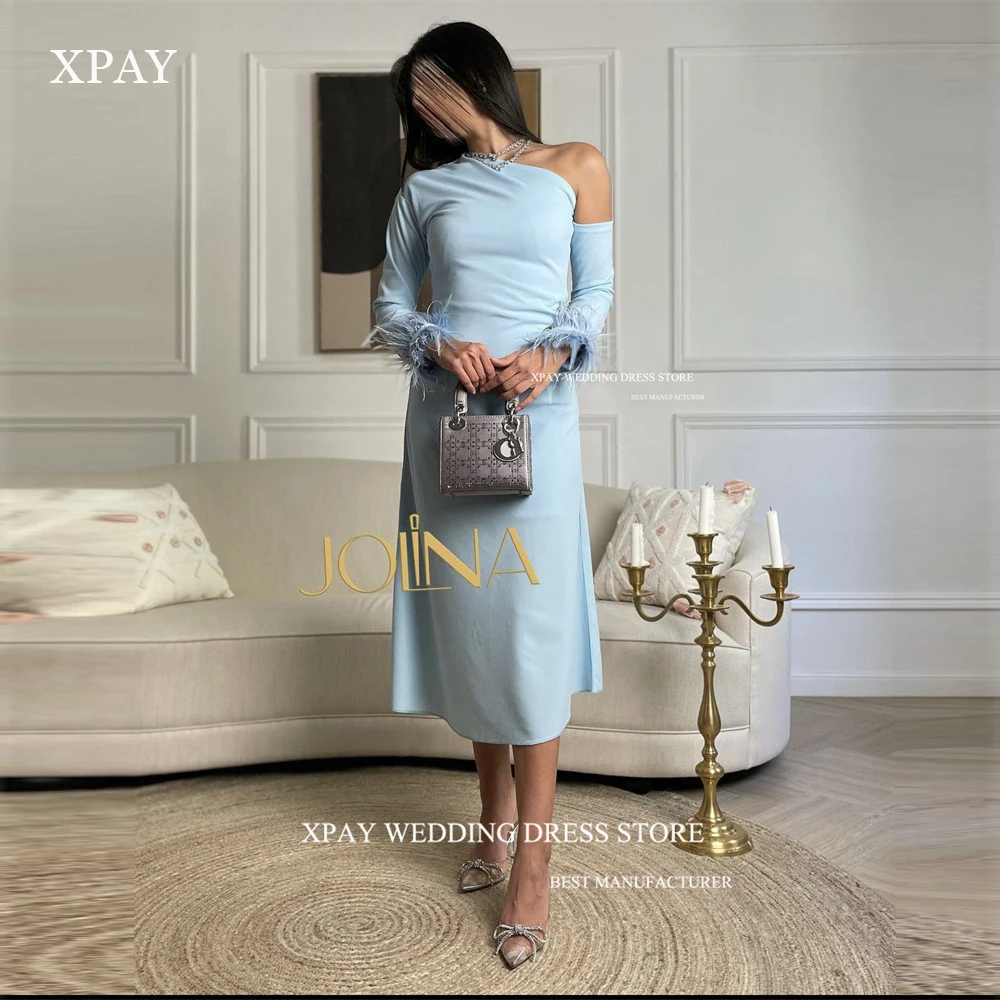 

XPAY Light blue Evening Party Dresses Long Sleeves Feathers Tea Length Saudi Arabic Women Prom Gowns Formal Event Dress