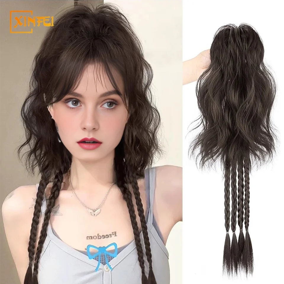 

Synthetic Wig Ponytail Female Gripping Clip Type Sweet Cool Style Fluffy Water Ripple Half Tied High Ponytail Wig Braid