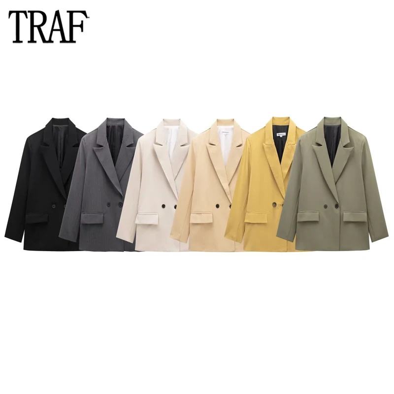 

TRAF 2024 Office Blazers for Women Double Breasted Long Blazer Woman Long Sleeve Straight Jacket Women Streetwear Outerwear