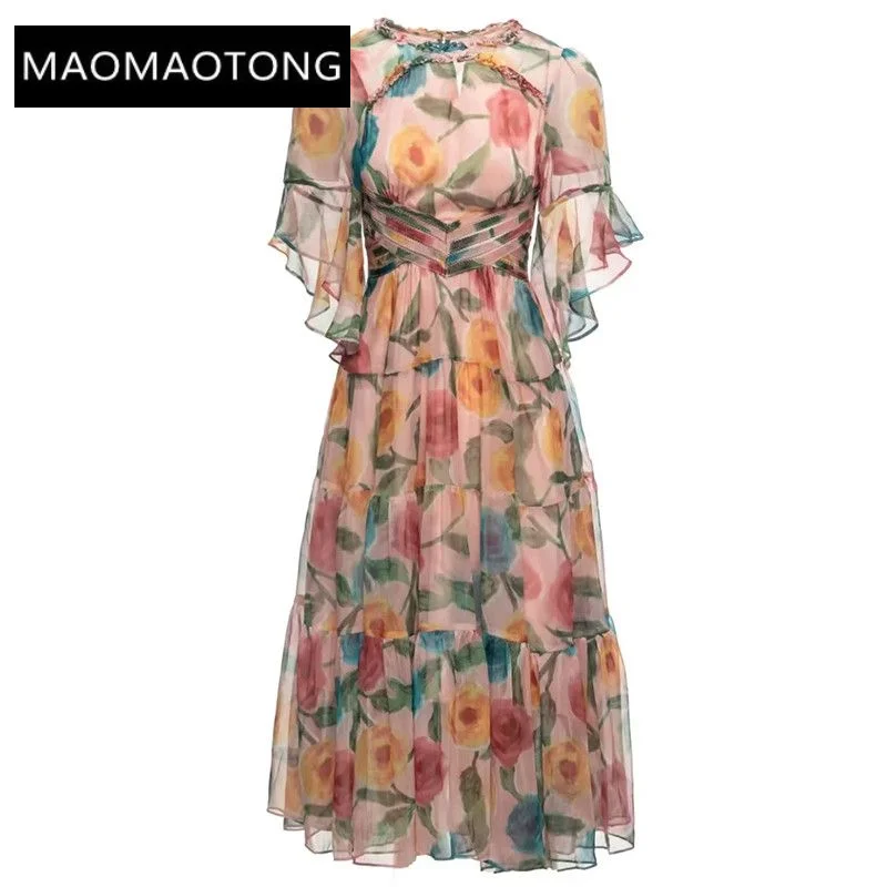 Summer Fashion Designer Women's Midi Dress Vintage Flower Print O-Neck Nail Bead Elastic Waist Ruffles Chiffon Dresses
Summer Fashion Designer Women's Midi Dress Vintage Flower Print O-Neck Nail Bead Elastic Waist Ruffles Chiffon Dresses