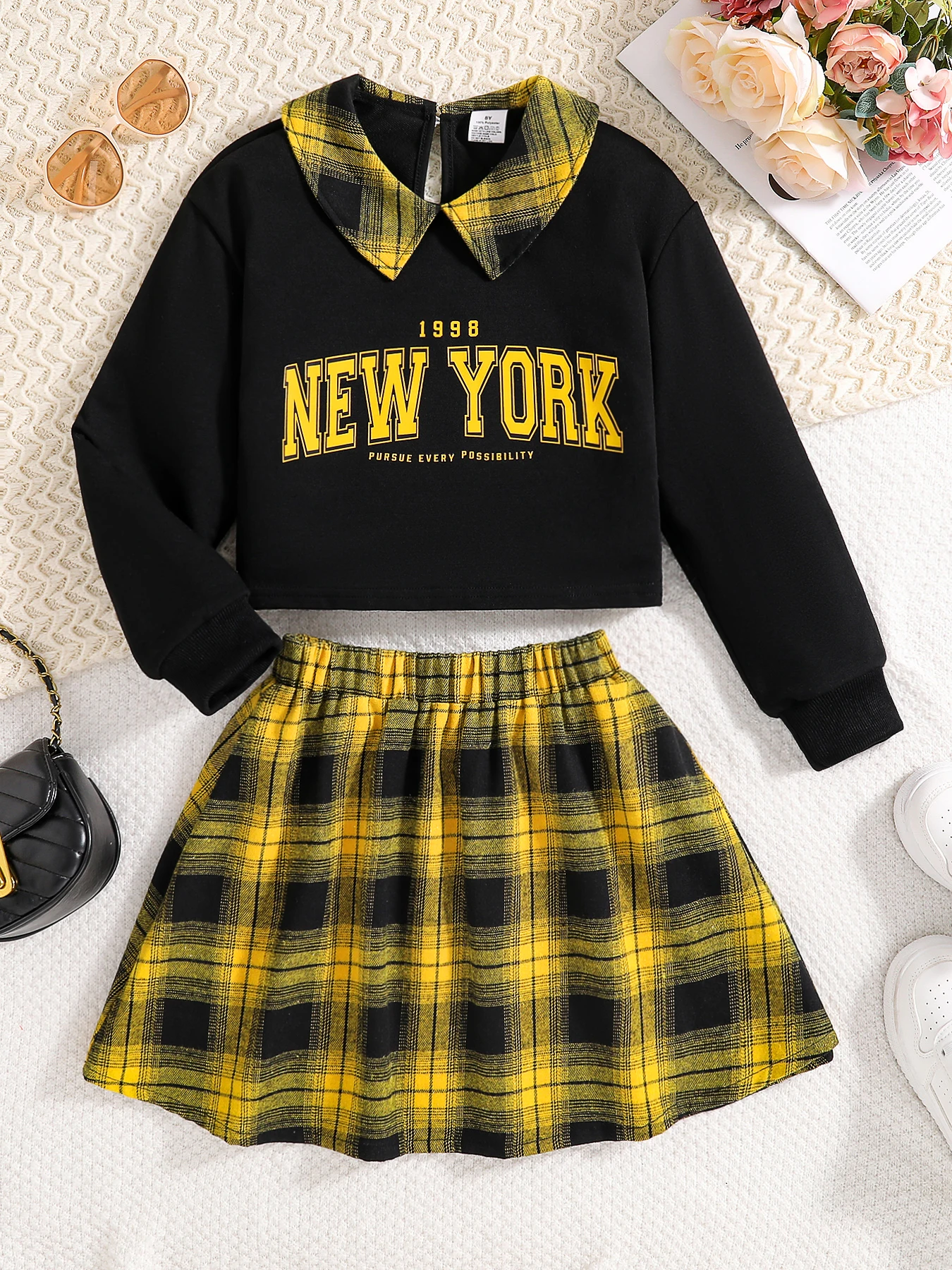 الفتيات أزياء عارضة 2 قطعة مجموعة طية صدر السترة السوداء بأكمام طويلة إلكتروني طباعة قميص منقوشة تنورة ربيع الخريف جديد الفتيات أزياء عارضة 2 قطعة مجموعة طية صدر السترة السوداء بأكمام طويلة إلكتروني طباعة قميص منقوشة تنورة ربيع الخريف جديد