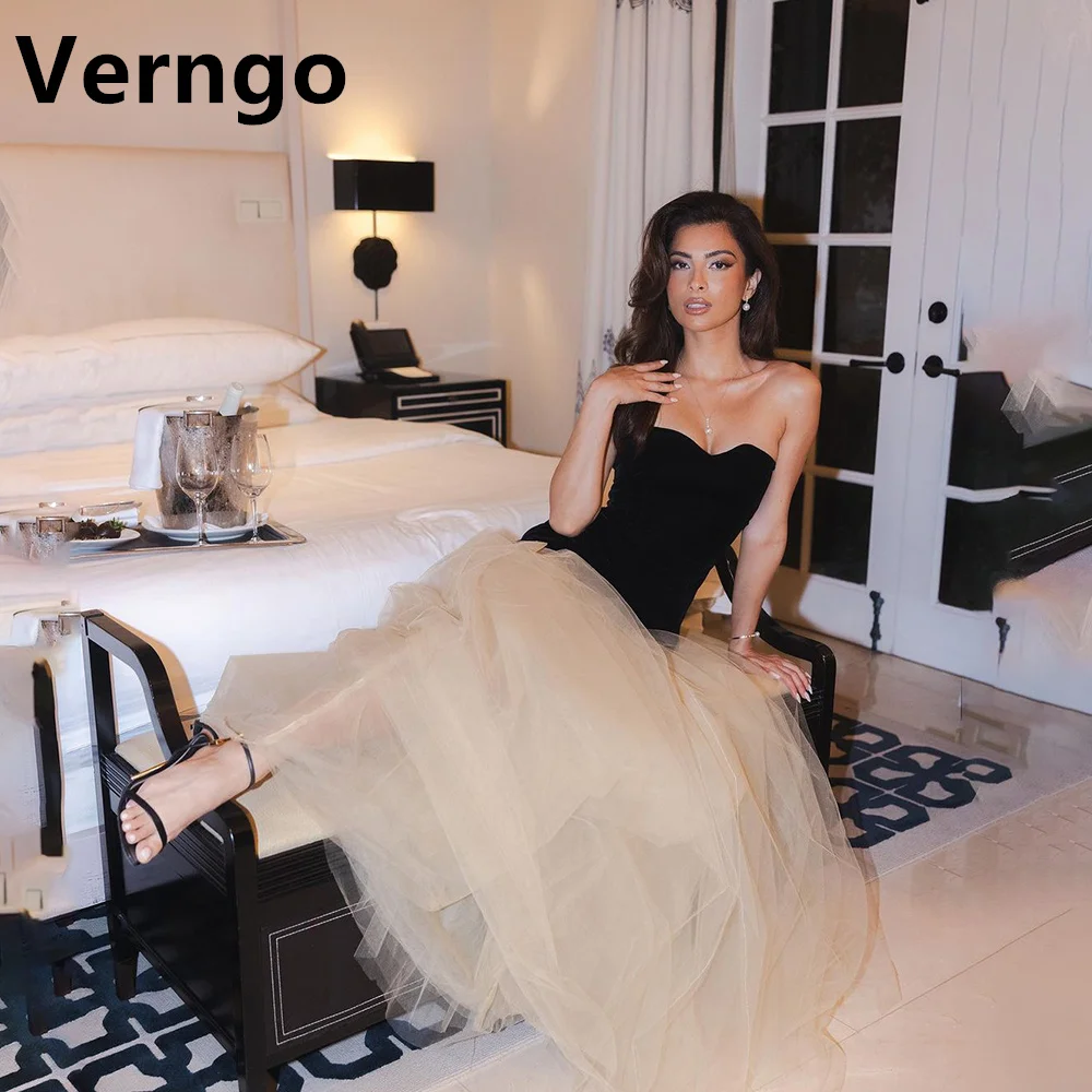 

Verngo Contrast Color Tulle Evening Dress Strapless Sleeveless Party Prom Gowns For Women A Line Simple Formal Dress