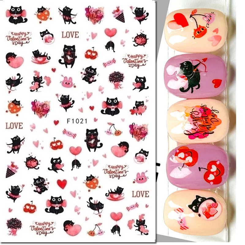 

3d Valentine Day Black Cats Hearts Loves Letters Nail Art Stickers Adhesive Sliders Nail Decals Decoration Manicure Accessories