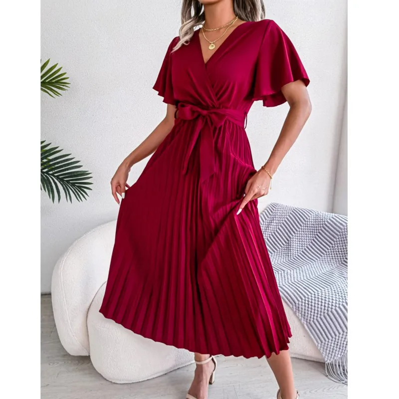 Spring /summer Temperament Crossover V-neck Large Hem Pleated Long Dress For Women's Fashion Tie Up Short Sleeved Maxi Vestido
Spring /summer Temperament Crossover V-neck Large Hem Pleated Long Dress For Women's Fashion Tie Up Short Sleeved Maxi Vestido