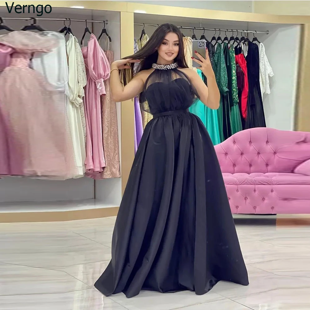 

Verngo A-line Black Prom Dress Sleeveless Halter Glitter Evening Party Gown Tulle Satin Formal Occasion Dress Robe De Soiree