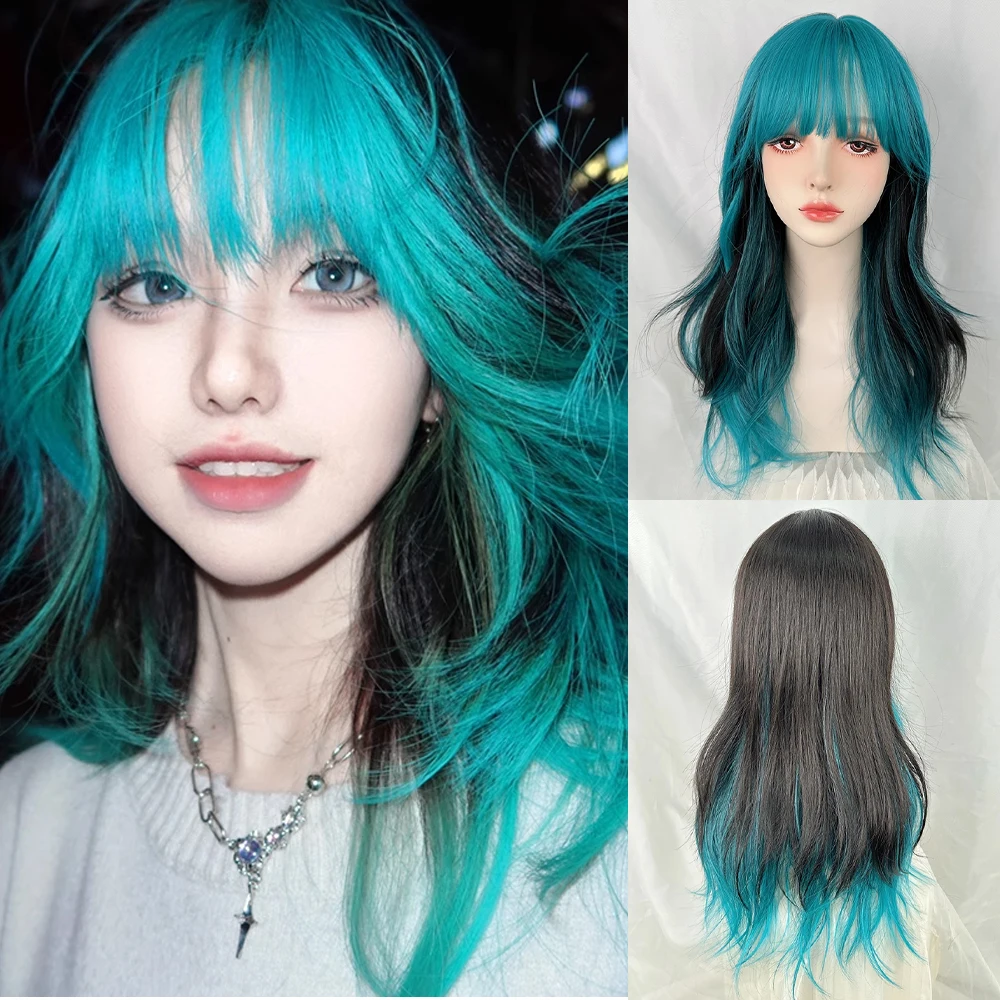 

Ombre Black Blue Blend Synthetic Long Wavy Wig with Bangs Fluffy Women Lolita Cosplay Hair Wig for Daily Party