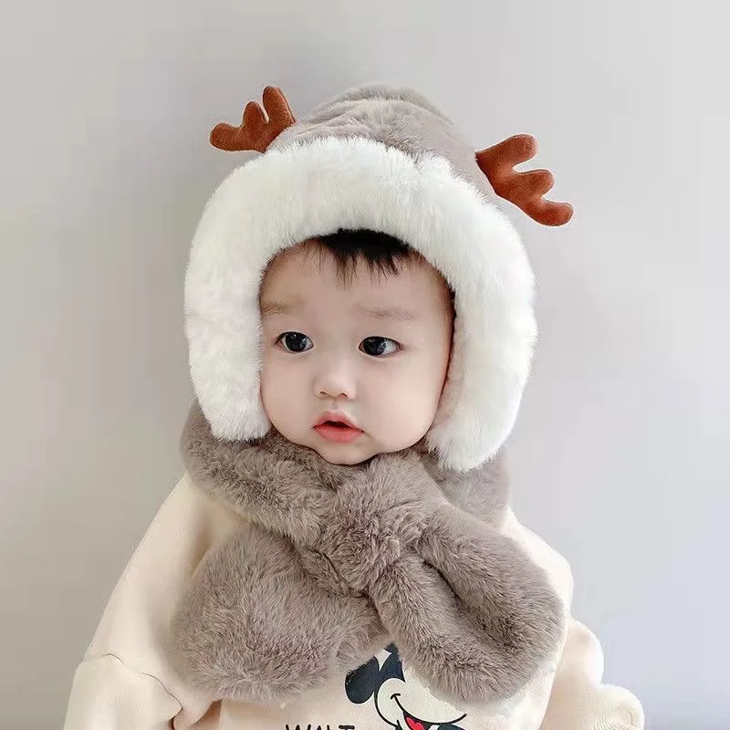 

Children's Hats Autumn and Winter Plush Thick Ear Protection Cartoon Baby Neck Warmer Hat Cap Cute Scarf for Boys Girls Beanie