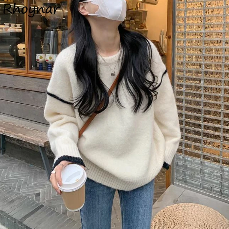 

O-neck Sweater Pullovers Women Knitwear Korean Fashion Vintage Loose Gentle Comfort Panelled Pull Femme Teens Preppy All-match