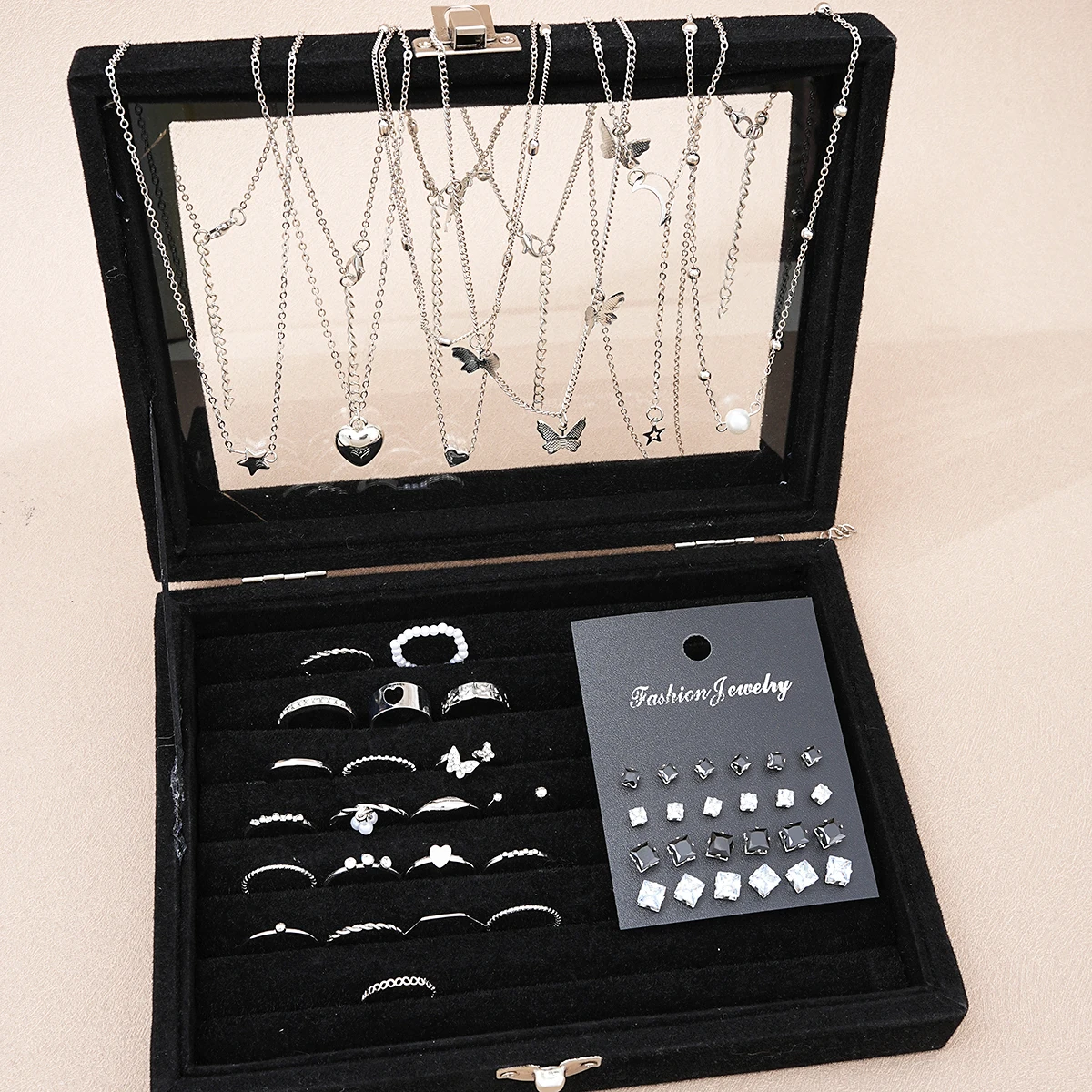 butterfly heart pearl jewelry set silver