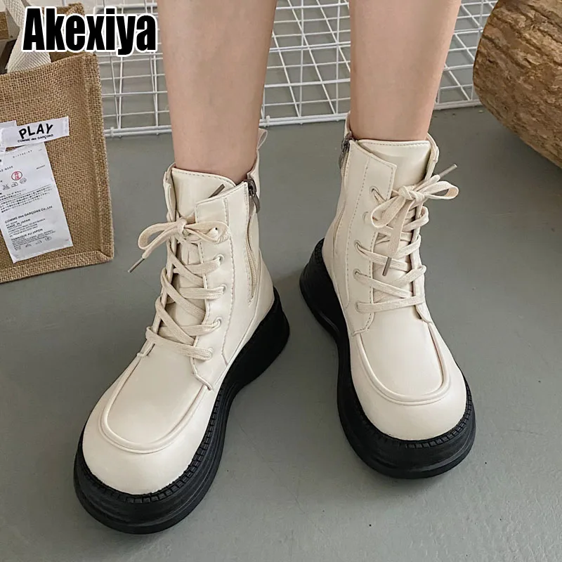 

New Women Ankle Boots PU Leather Thick Sole Lace Up Combat Booties Female Autumn Winter Platform Shoes Woman BC4877