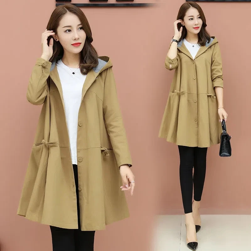 

Oversized Windbreakers Womens Casual Loose Hooded Trench Coat 2023 New Spring Autumn Mid-Length Overcoat Female Solid Color Coat