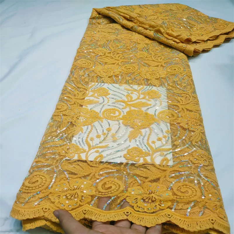 

Африканские блестки 5 ярдов желтая кружевная ткань для жениха вышивка французская сетка блестки кружево Нигерия тюль кружево для свадебной вечеринки Шитье