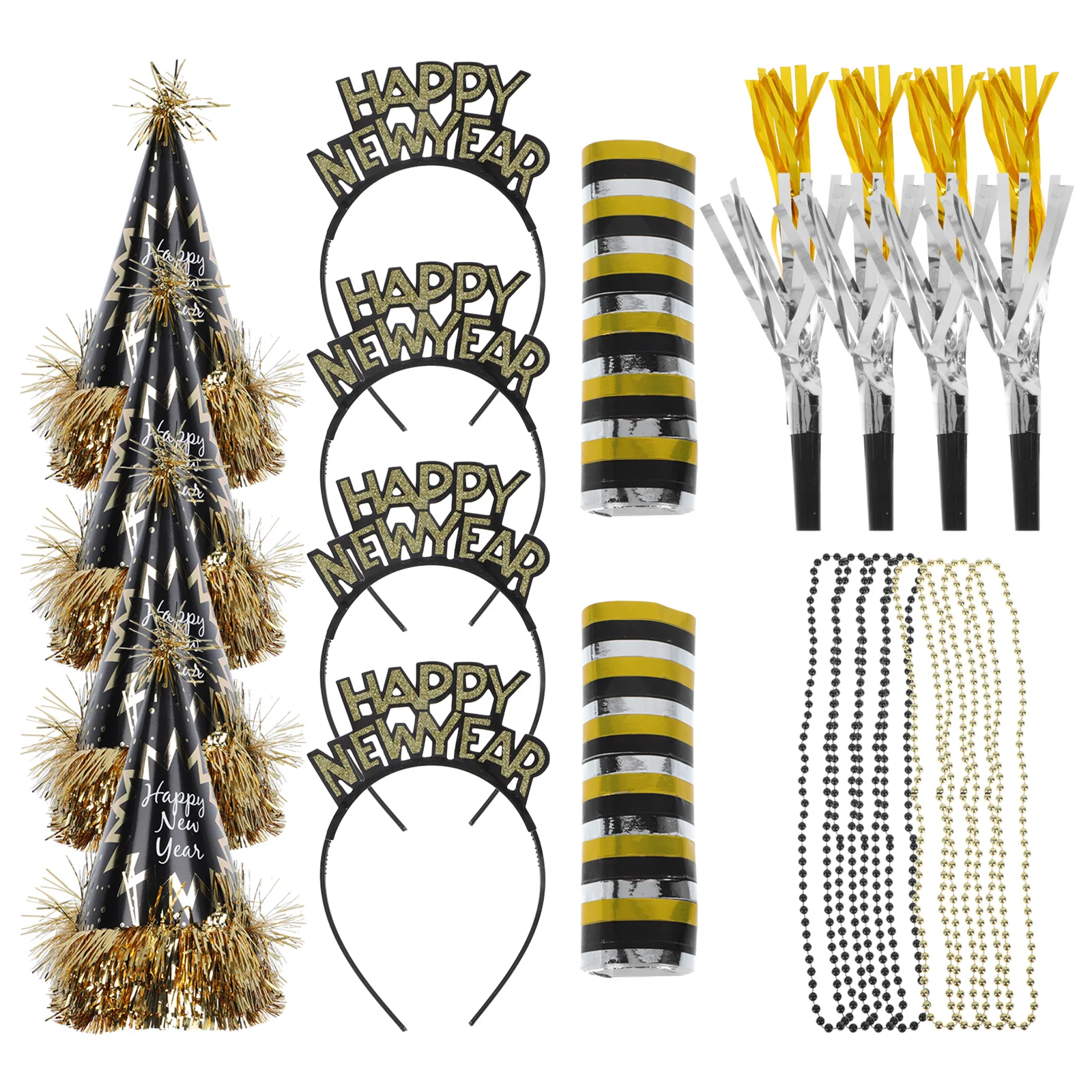 

2022 New Years Party Supplies: Happy New Year Headband Tiara Fancy New Year Cone Hat Necklace Metallic Fringed Noise Makers New