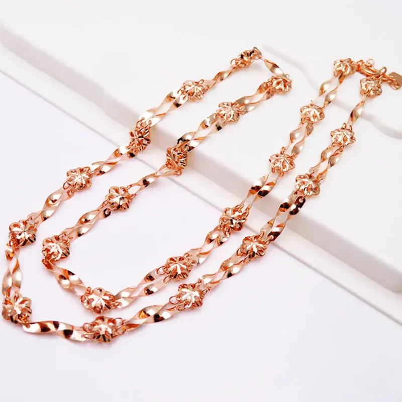 

585 Purple Gold Chunky Necklace Double Flower Twist Rope Chain 14K Rose Gold New Women's Wedding Jewelry Accessories