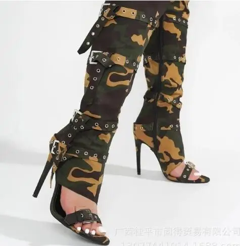 

Summer Hot Women Camouflage Cloth Belt Buckles Open Toe Hollow Zipper Up Side Thin Heels Over The Knee Boots Party Long Botas