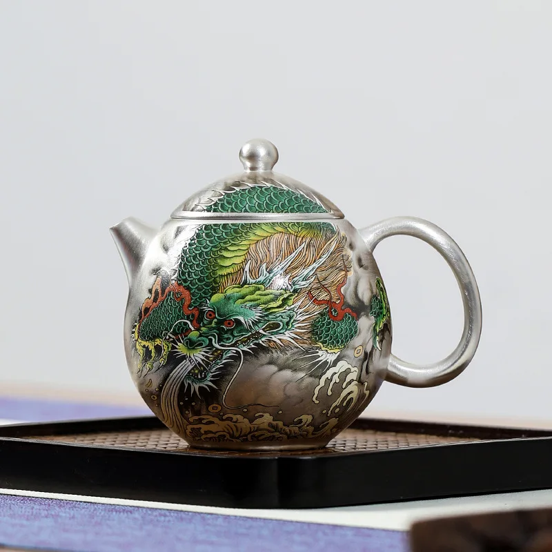 

Qinglong Handmade Silver Gilded Pot Hammer Pattern Loop-Handled Teapot Kung Fu Tea Set Ceramic Teapot Teaware Chinese Tea Pot