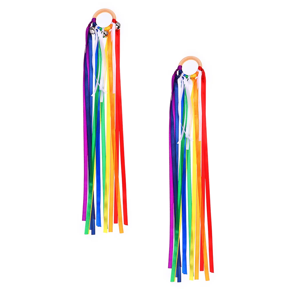 

Rainbow Ribbons Performance Dancing Gymnastics Ribbon Ballet Streamer Wooden Ring Waldorf Toys With Bells For Children