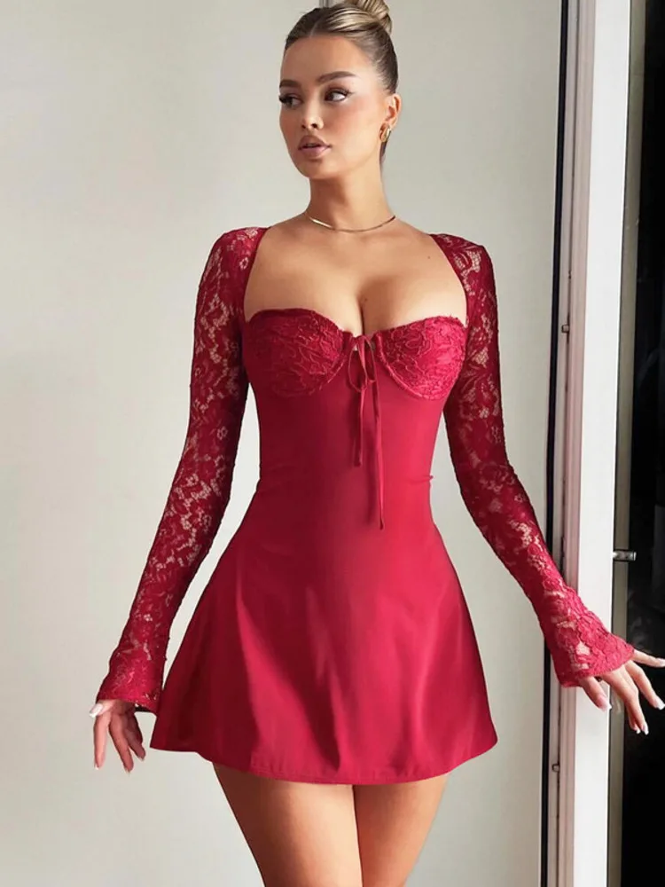 

Mozision Halter Strapless Sexy Mini Dress For Women Summer New Sheer Lace Long Sleeve Backless Lace-up Party Dress Fashion