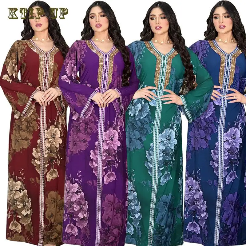 

Ramadan Morocco Summer Muslim Fashion New Middle East Dubai Saudi Arabian Robe Abaya Print Hot Diamond Maxi Dresses Malaysia