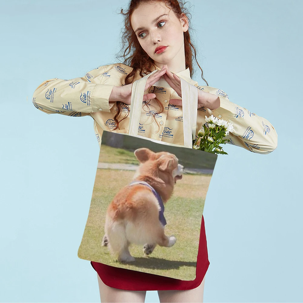 

Cute Welsh Corgi Pembroke Casual Student Canvas Tote Handbag Reusable Double Print Pet Dog Animal Shopping Bag for Women