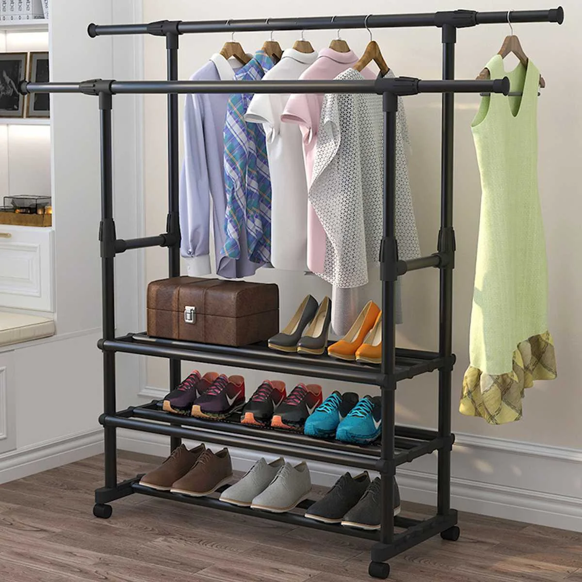 150cm Standing Coat Rack Dual Rails Storage Clothing Rack Anti-slip Shoes Shelves Coat Hanger with Rolling Living Room Furniture
150cm Standing Coat Rack Dual Rails Storage Clothing Rack Anti-slip Shoes Shelves Coat Hanger with Rolling Living Room Furniture