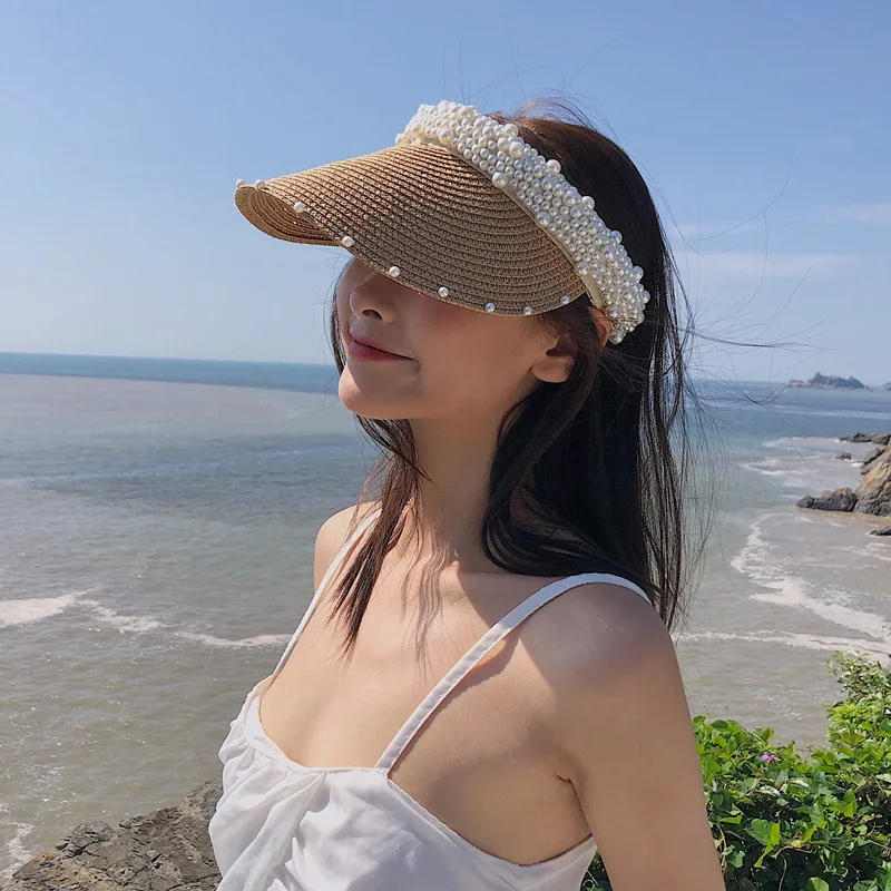 

Women Girls Sun Visor Hat Wide Brim Straw Beach Caps Adjustable Summer UV Protection Faux Pearls for Travel Free Shipping