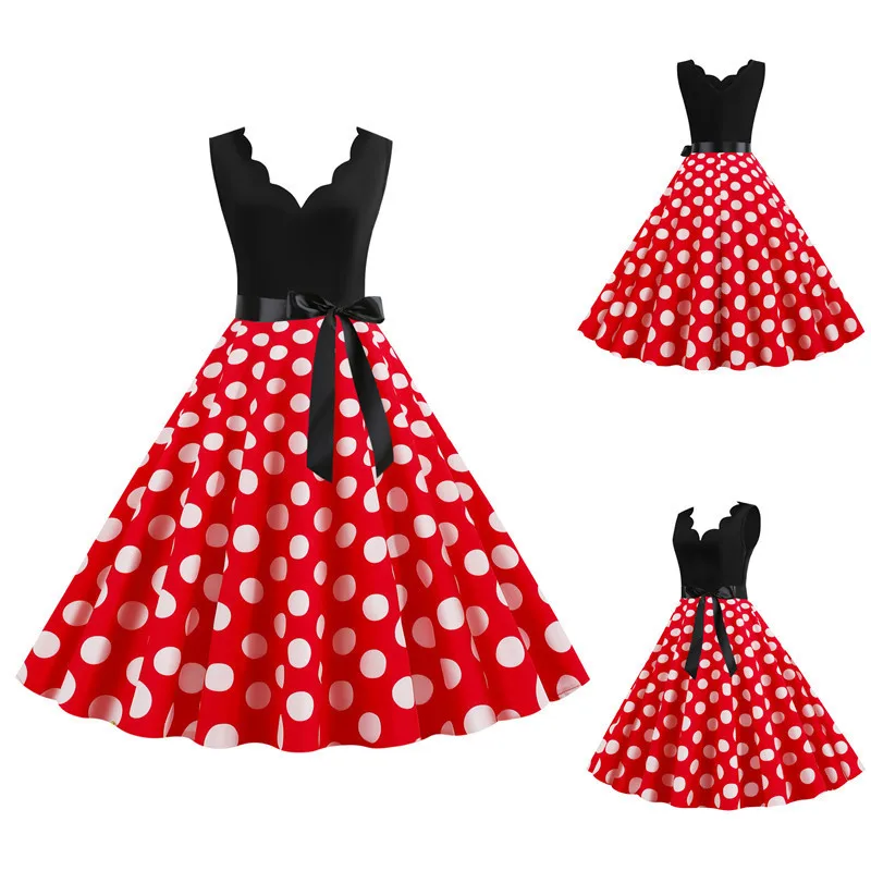 

Sexy Deep V Patchwork Women Rockabilly Flare Dress Polka Dots Swing Cocktail Dress 1960s 50s Audrey Hepburn Retro Vintage Party