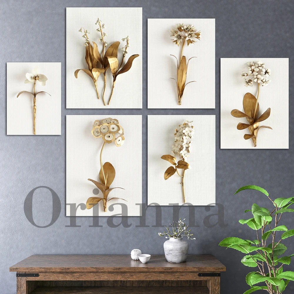 

Botanical Poster Floral Print Golden Tinfoil Flower Art Minimalism Print Wall Art Canvas Painting Living Room Cuadros Home Decor