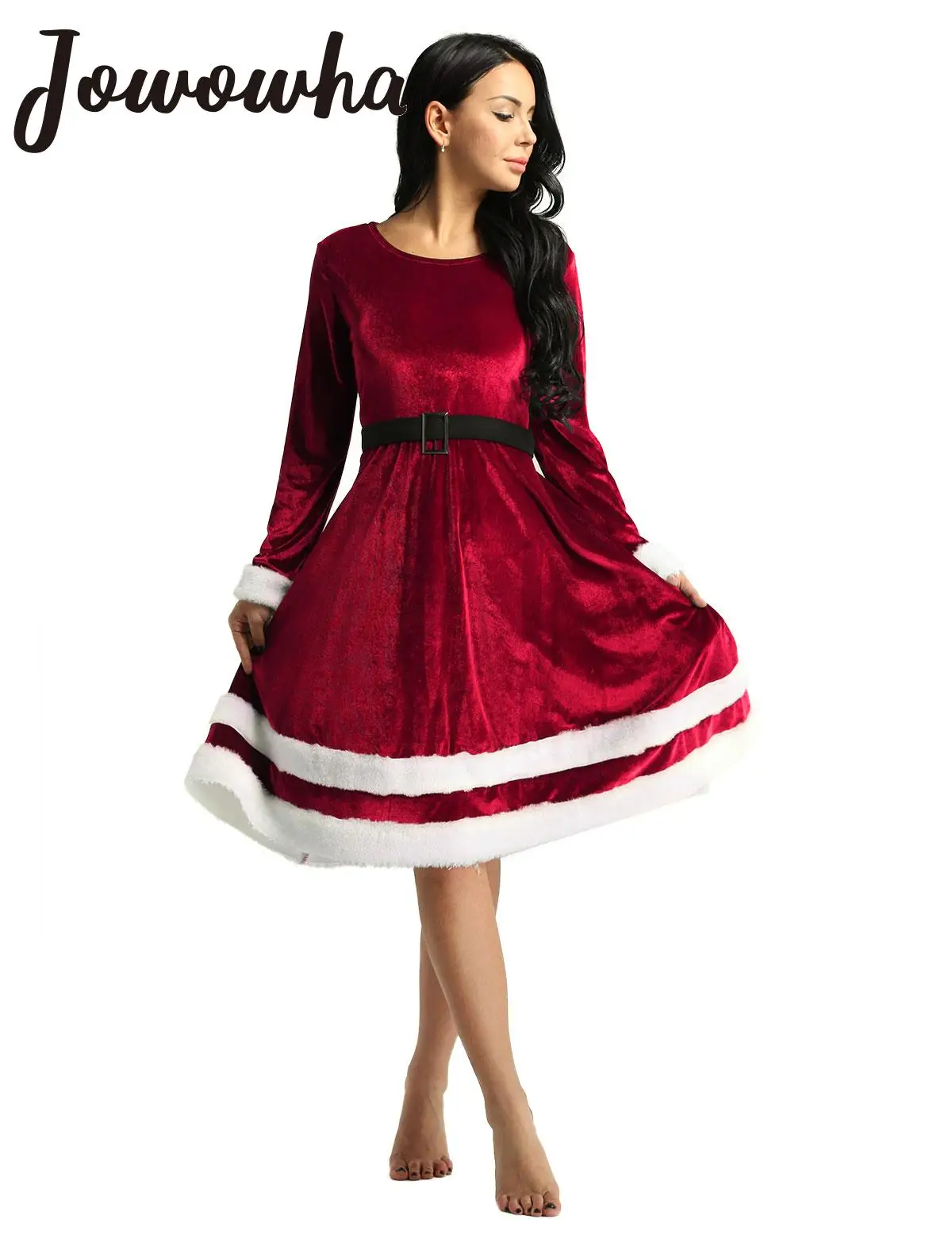 

Womens Mrs Santa Claus Christmas Cosplay Costume Long Sleeves Velvet Fancy Dress Festival Xmas New Year Theme Party Performance