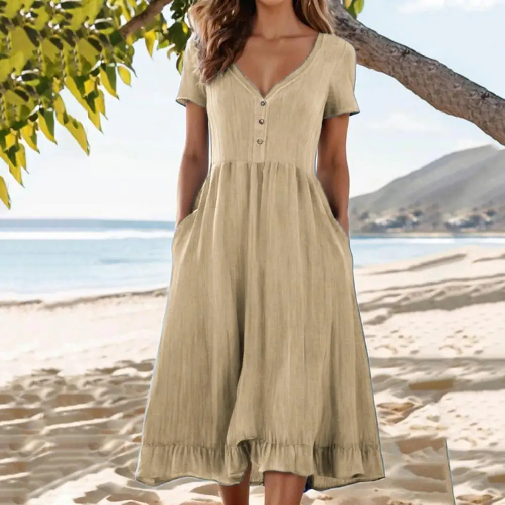 

Платье женское Плиссированное средней длины, элегантное дышащее пляжное платье-трапеция с рукавами с оборками, V-образным вырезом и карманами, пляжная одежда для отпуска, лето