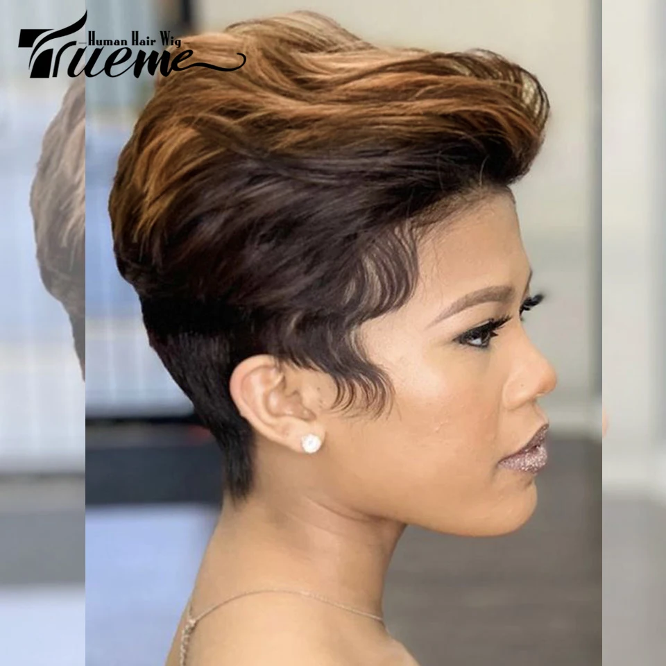 

Short Highlight Pixie Human Hair Wig Brazilian Lace Front Human Hair Wigs For Women Ombre Blonde Slick Back Human Hair Lace Wig