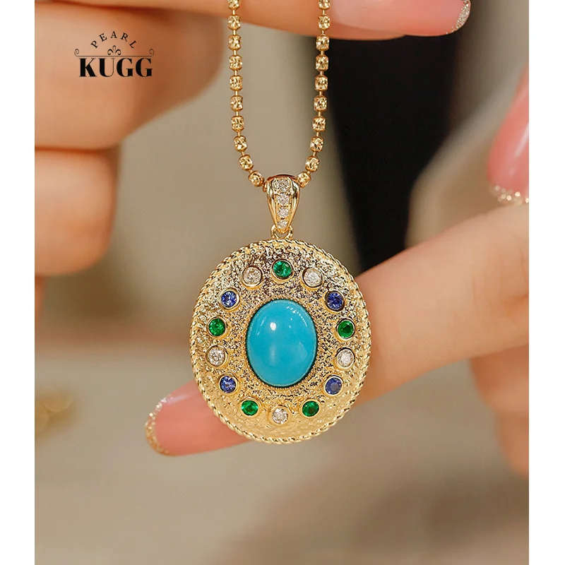 

KUGG 18K Yellow Gold Necklace Vintage Romantic Style Real Natural Turquoise Gemstone Pendant Necklace for Women Senior Banquet
