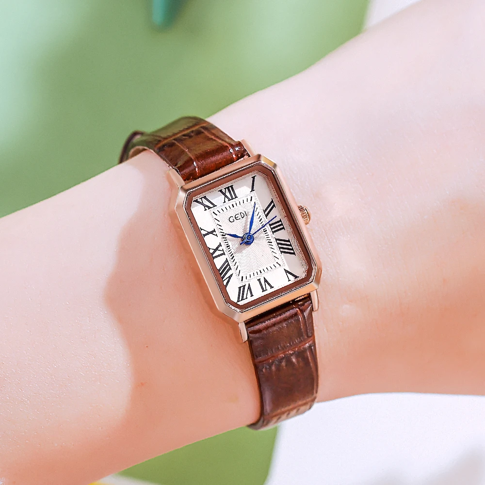 

Luxury Rectangle Ladies Watches Genuine Leather Strap Roman Dial 3ATM Water Resistance Fashion Quartz Wrist Watch for Woman Gift