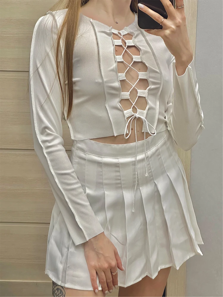 Sexy Hollow Out White T Shirt Women Long Sleeve Crop Tops Striped Patchwork Drawstring Ribbed Bandage Fitness Clothes
Sexy Hollow Out White T Shirt Women Long Sleeve Crop Tops Striped Patchwork Drawstring Ribbed Bandage Fitness Clothes