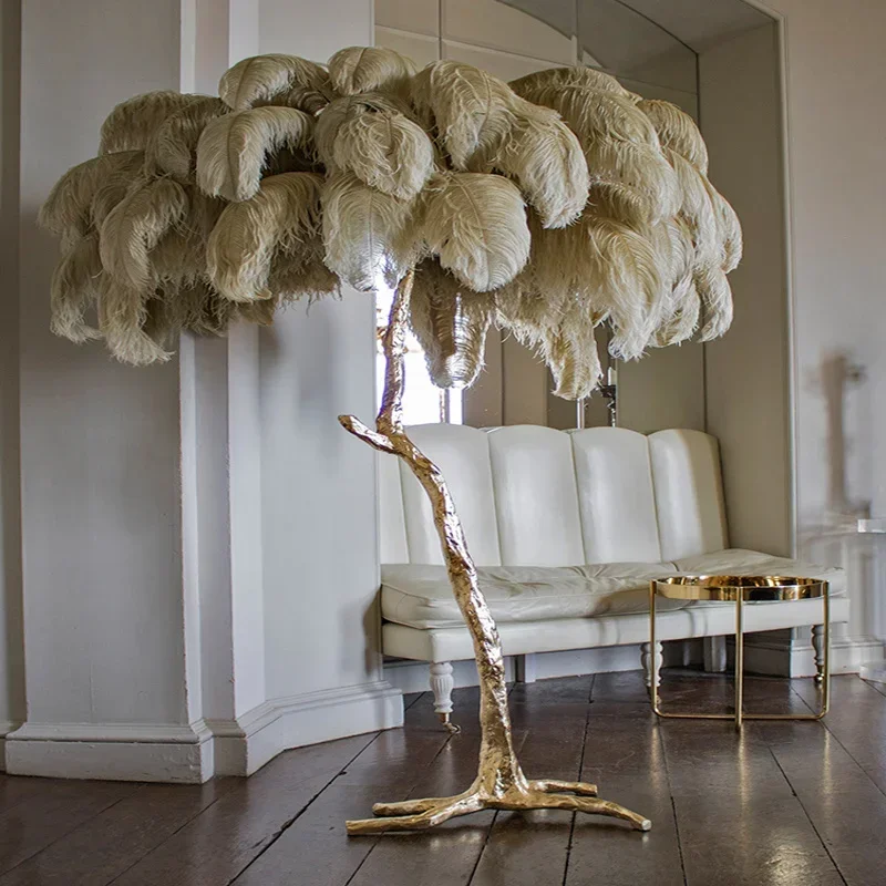 

Luxury LED Real Ostrich Feather Floor Lamp Princess Modern Tree Branch Table Light Romantic Decor Living Bedside Design Standing