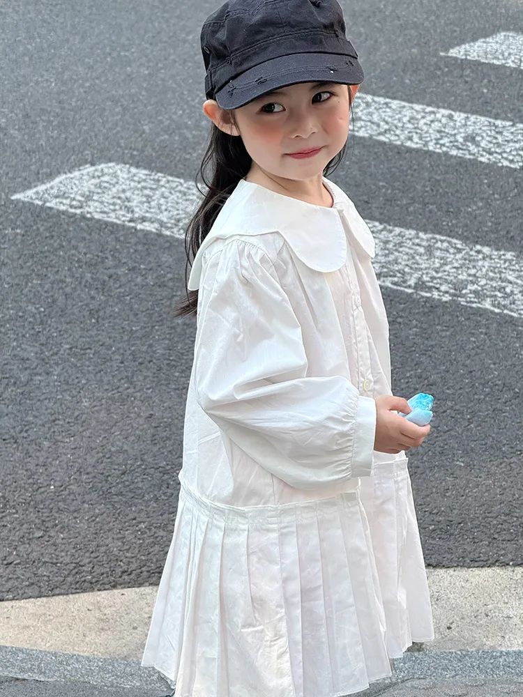 2025 Autumn New Girls Preppy Style Pleated Dress Solid Children Long Sleeve Dress Baby Girl Large Lapel Loose Dress Kids Clothes 27 S9e69931d7ef843829fd457bffb152ed40
