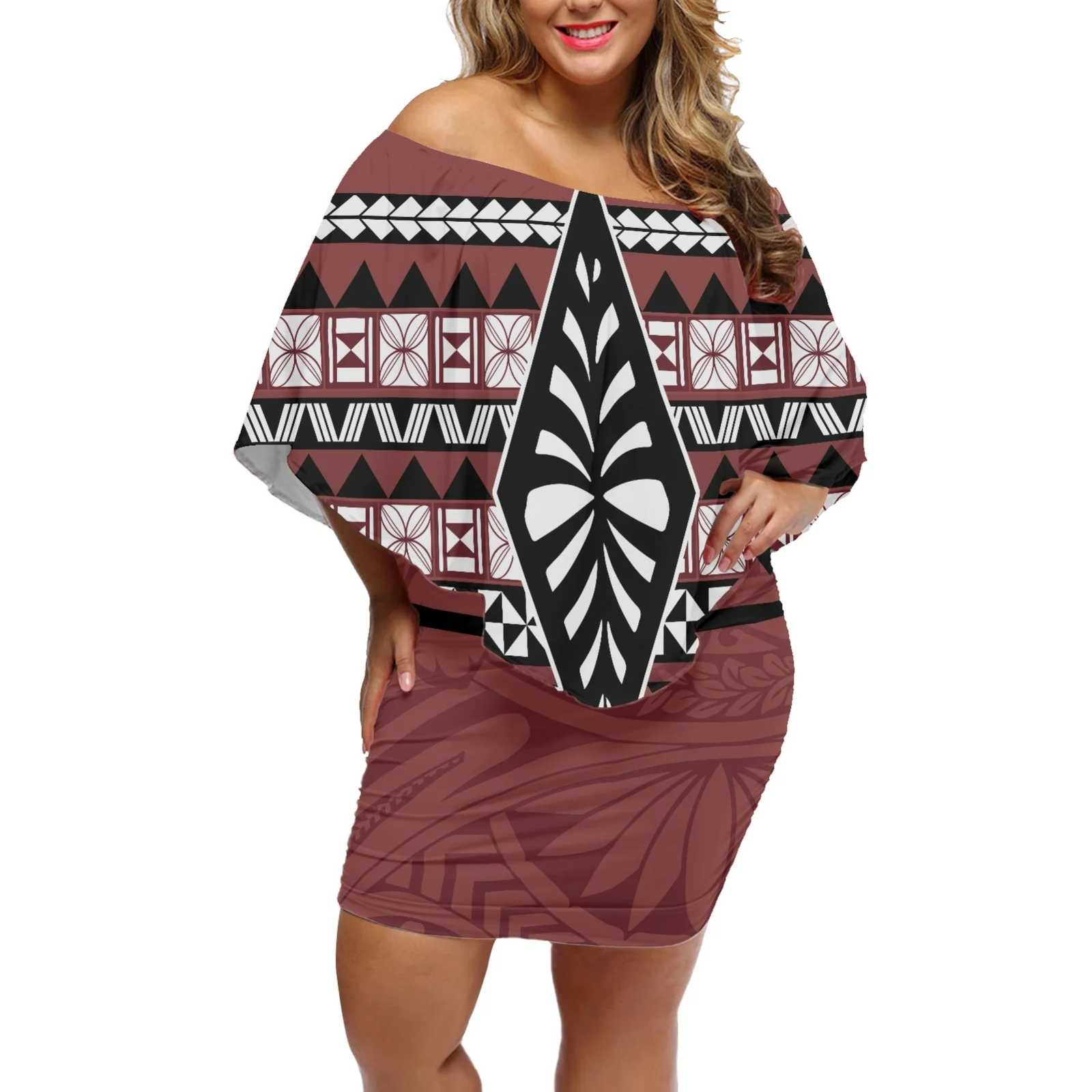 

Off-The-Shoulder Fashion Dress Summer Women's Tight Sexy Half Sleeve Office Party Dress With Bottom Covering Samoan Ethnic Print