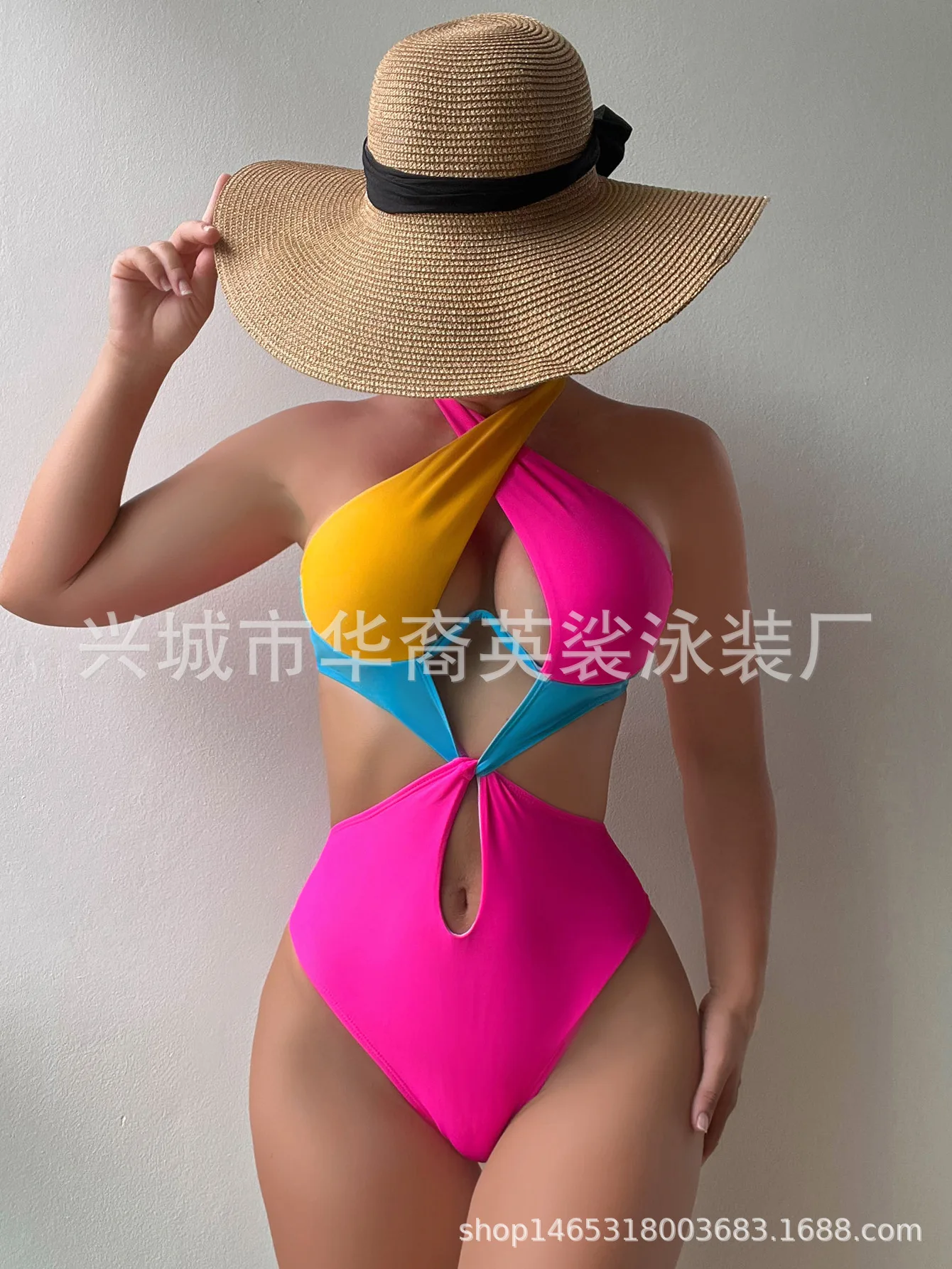 

Sexy Constrast Color Swimwear Women Halter Cross Underwire Cut Out One Piece Swimsuit Bathing Suit Hot Pink Patchwork Bikini