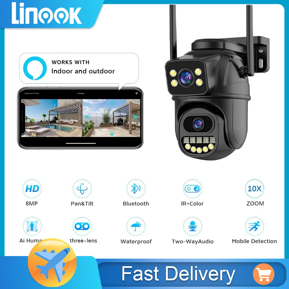 

Linook 4K 8MP dual lens,ICSEE 360,WIFI wireless connection for mobile,CCTV waterproof outdoor,IP security camera monitoring