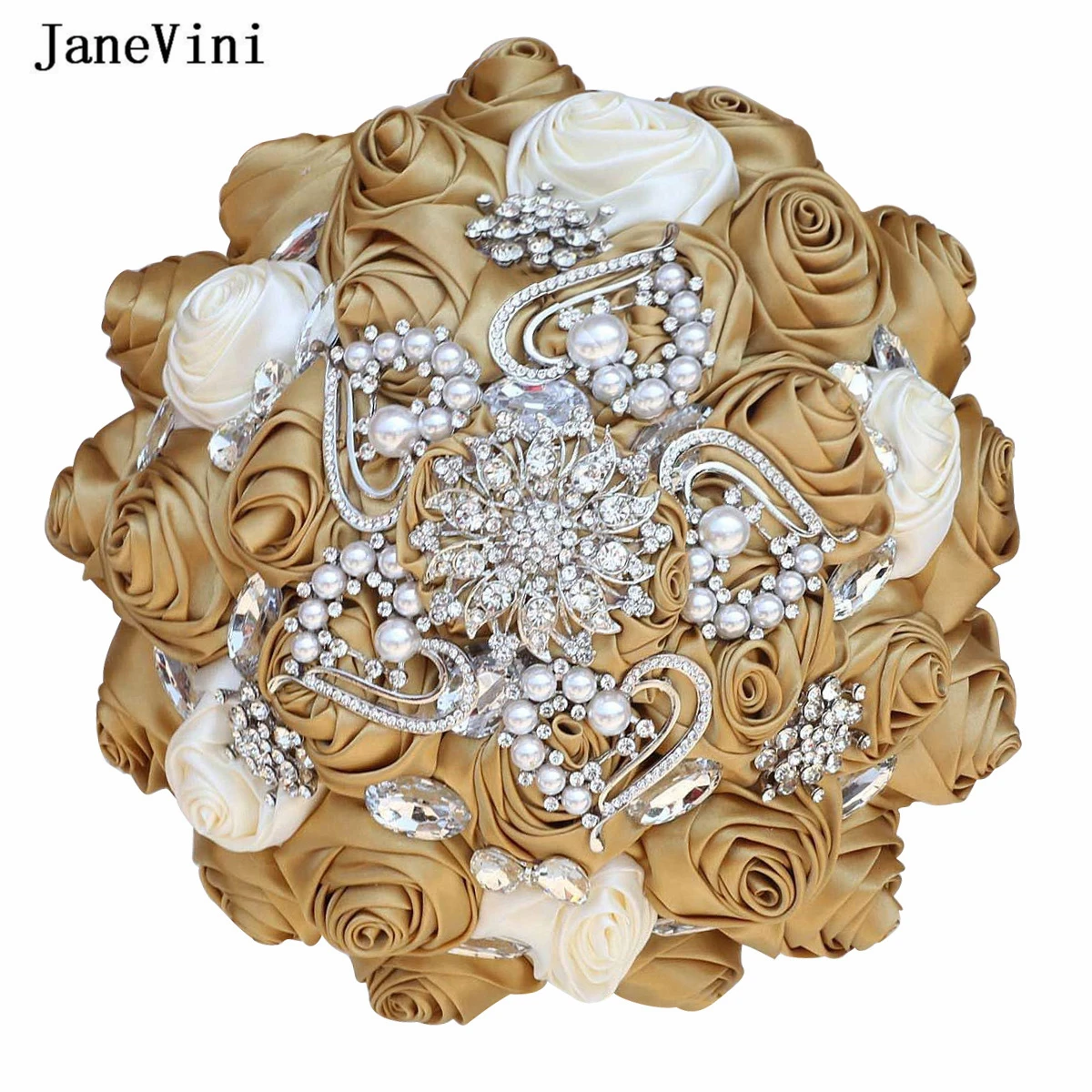 

JaneVini Luxury Crystal Gold Ivory Bridal Bouquets Custom Handmade Satin Roses Bridesmaid Wedding Flowers Bouquet Ramos De Novia