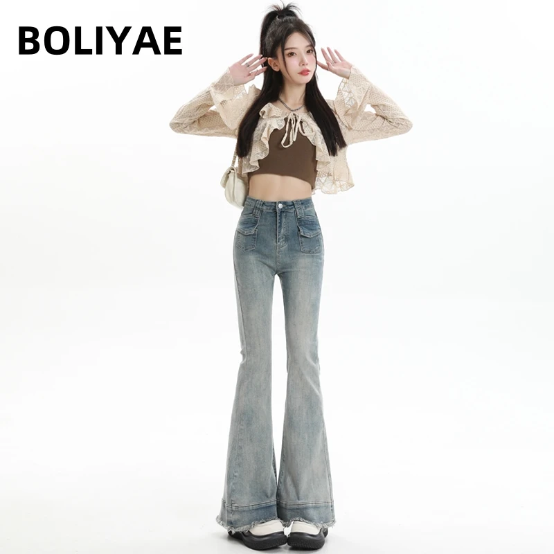 

Boliyae Slim Flare Jeans Women Raw Edge Splicing High Waisted Denim Pants High Street Washed Vintage Female Elasticity Trousers