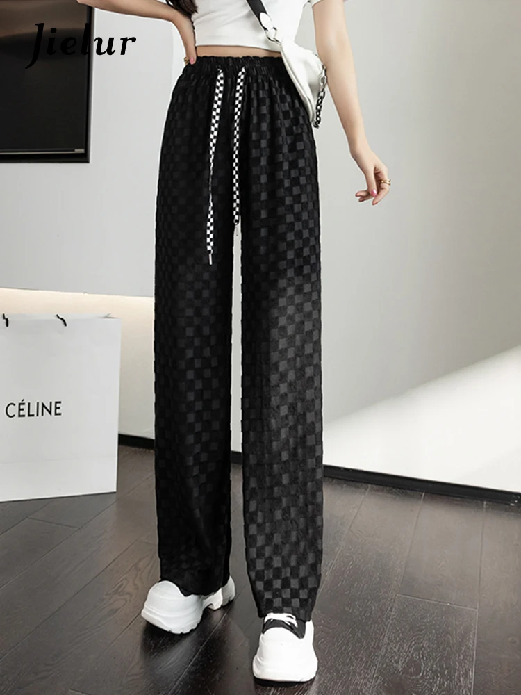 

Jielur Checkerboard Wide Leg Pants Spring New High Waist Straight Women Pants Loose Casual Jacquard Green Trousers S-XL