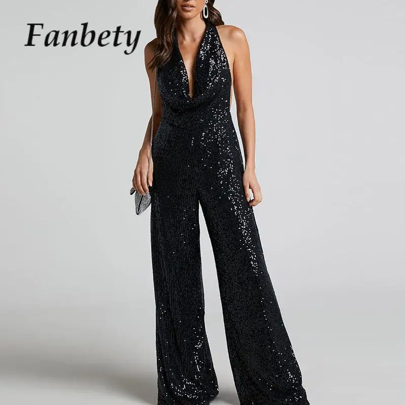 Sexy Backless Deep V-neck Sequins Jumpsuit Women Commuter Slim Solid Party Playsuit Overalls Women Long Pants Halter One Piece
Sexy Backless Deep V-neck Sequins Jumpsuit Women Commuter Slim Solid Party Playsuit Overalls Women Long Pants Halter One Piece